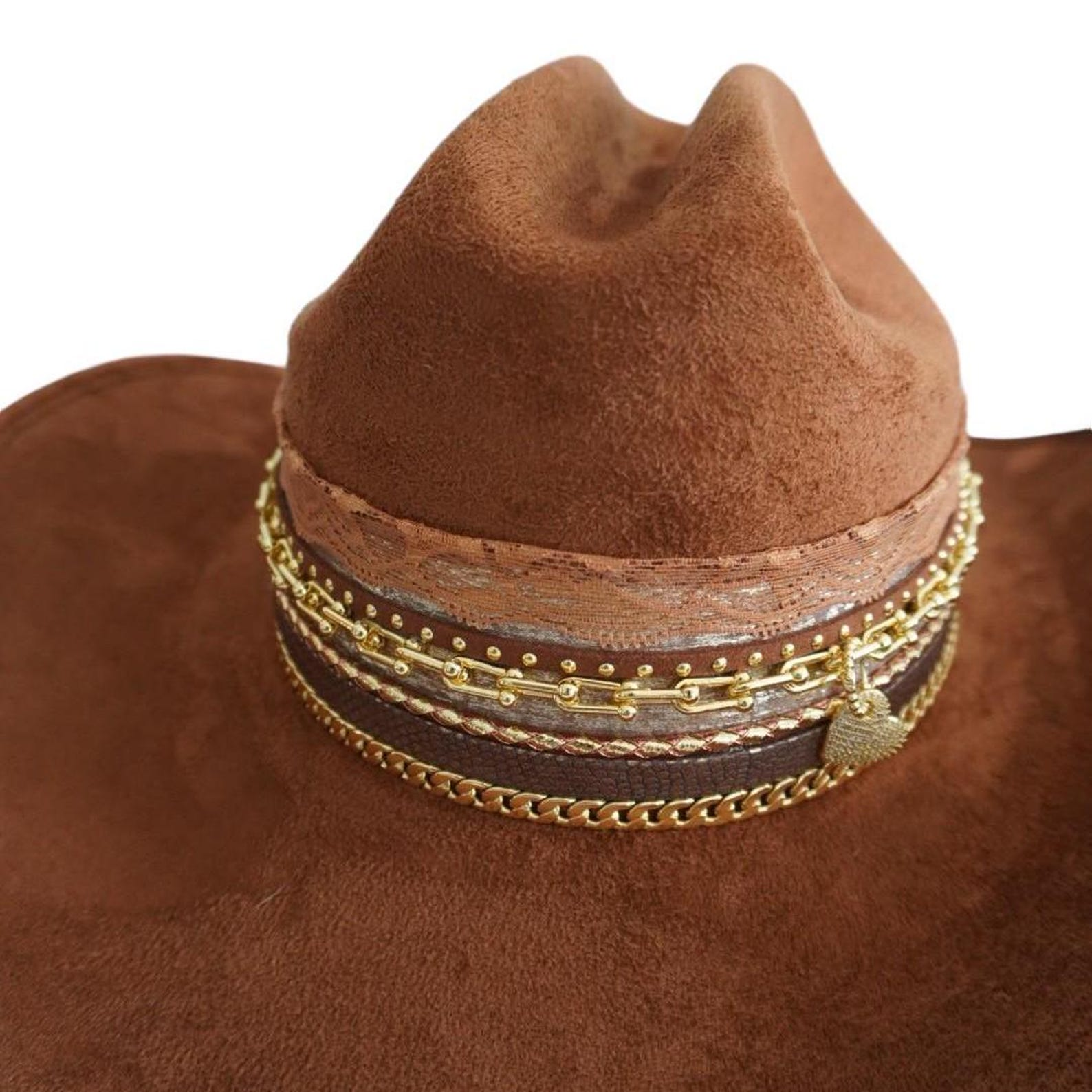 Western cowboy hat by Sunkissed by Chrissy, vegan suede, wide brim, decorative band, perfect for rodeo or country music festivals.