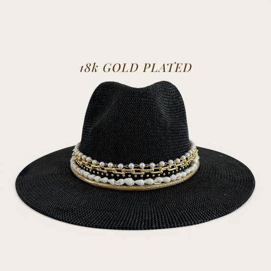 Black fedora beach hat by Sunkissed by Chrissy with jeweled embellishments, perfect for summer, festivals, and resort wear.