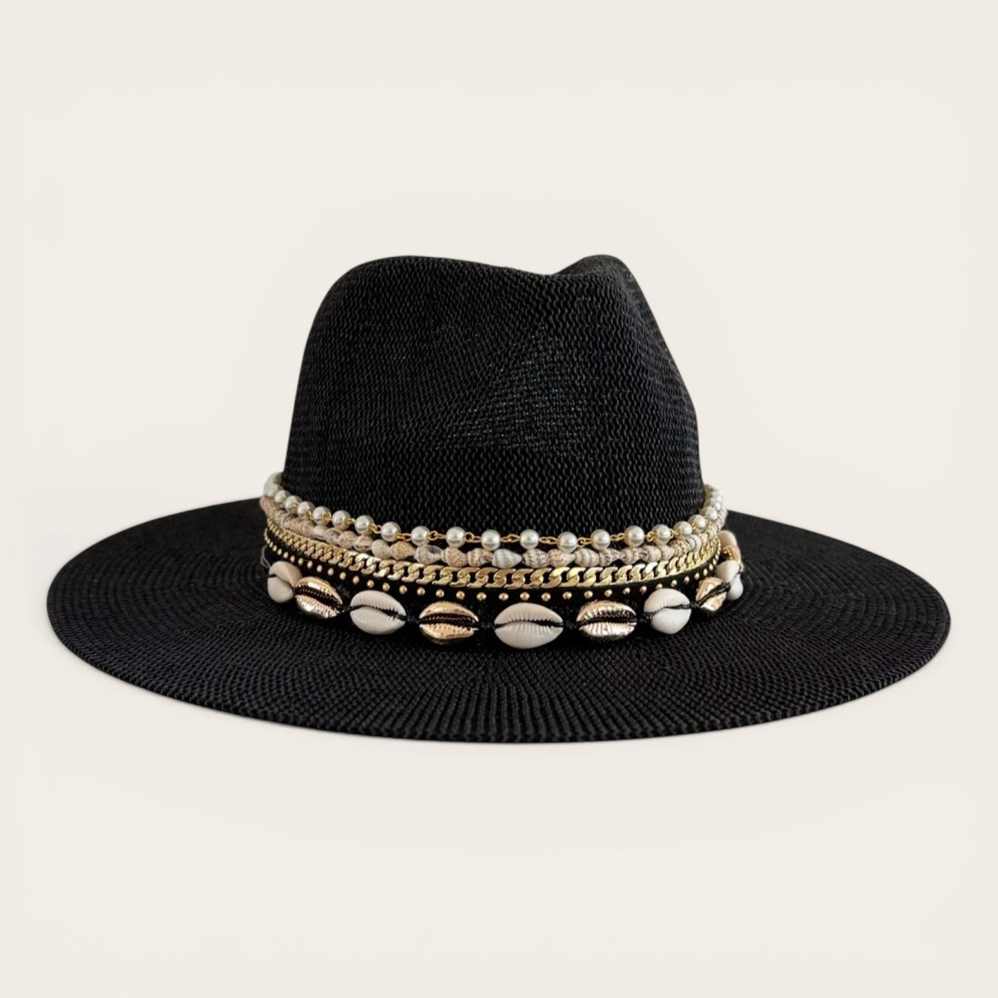 Black fedora beach hat by Sunkissed by Chrissy with jeweled embellishments, perfect for summer, resort, and festival wear.
