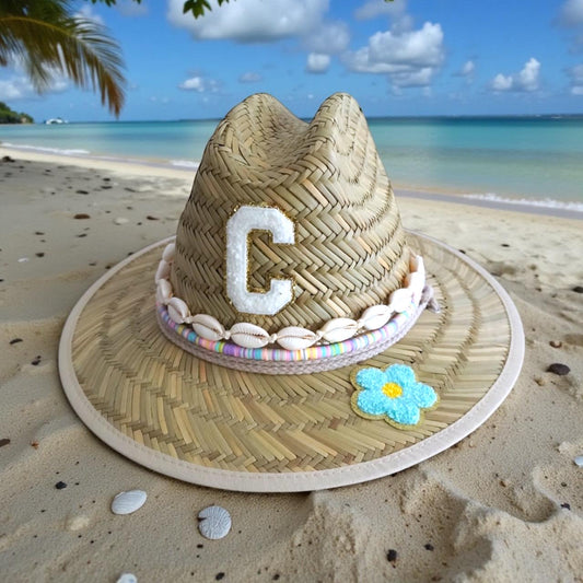 Personalized Sunkissed by Chrissy kids straw sun hat with chenille initial, toddler beach hat, perfect for birthdays or baby showers