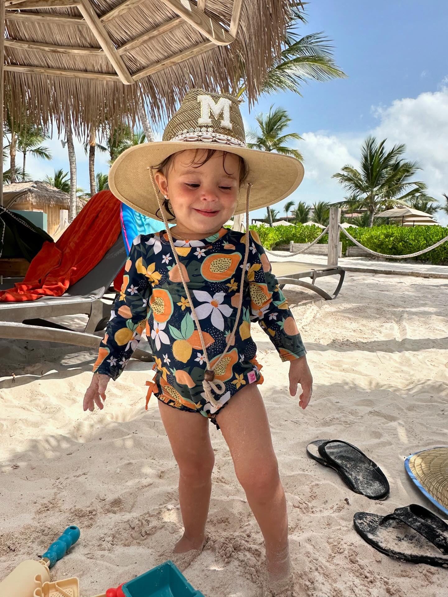 Personalized Sunkissed by Chrissy kids straw sun hat with chenille initial, perfect for toddlers' beach outings and birthday gifts.