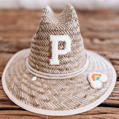 Personalized Sunkissed by Chrissy kids straw sun hat with chenille initial, toddler beach hat, perfect for birthdays or baby showers.