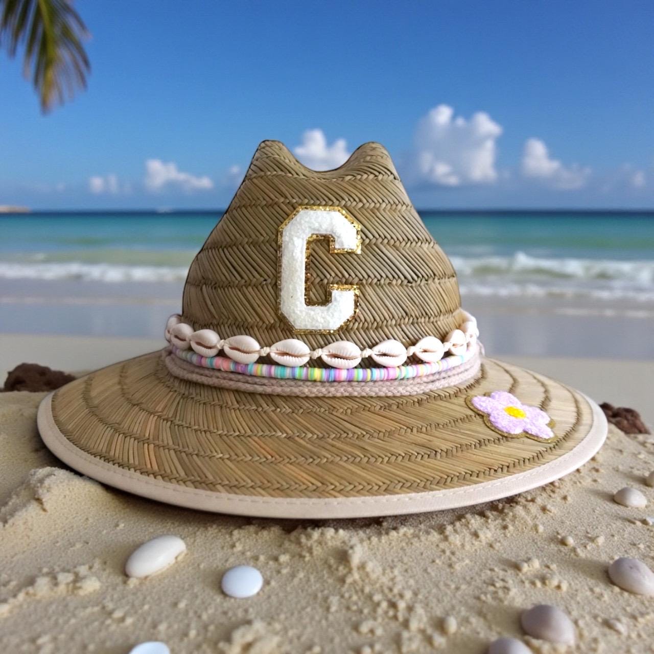 Personalized Sunkissed by Chrissy kids straw sun hat with initial, toddler beach hat with chenille letter for birthday or baby shower gift