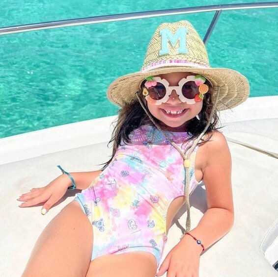 Personalized Sunkissed by Chrissy kids straw sun hat with chenille initial, perfect for toddlers' beach and birthday gifts