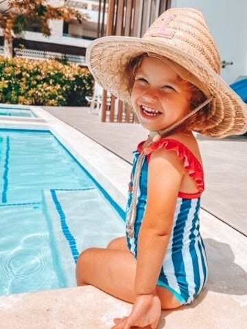Personalized Sunkissed by Chrissy kids straw sun hat with chenille initial, toddler beach hat, perfect for birthdays or baby showers.