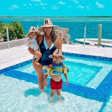 Personalized Sunkissed by Chrissy kids straw sun hat with chenille initial for toddlers, perfect for beach and outdoor sun protection.
