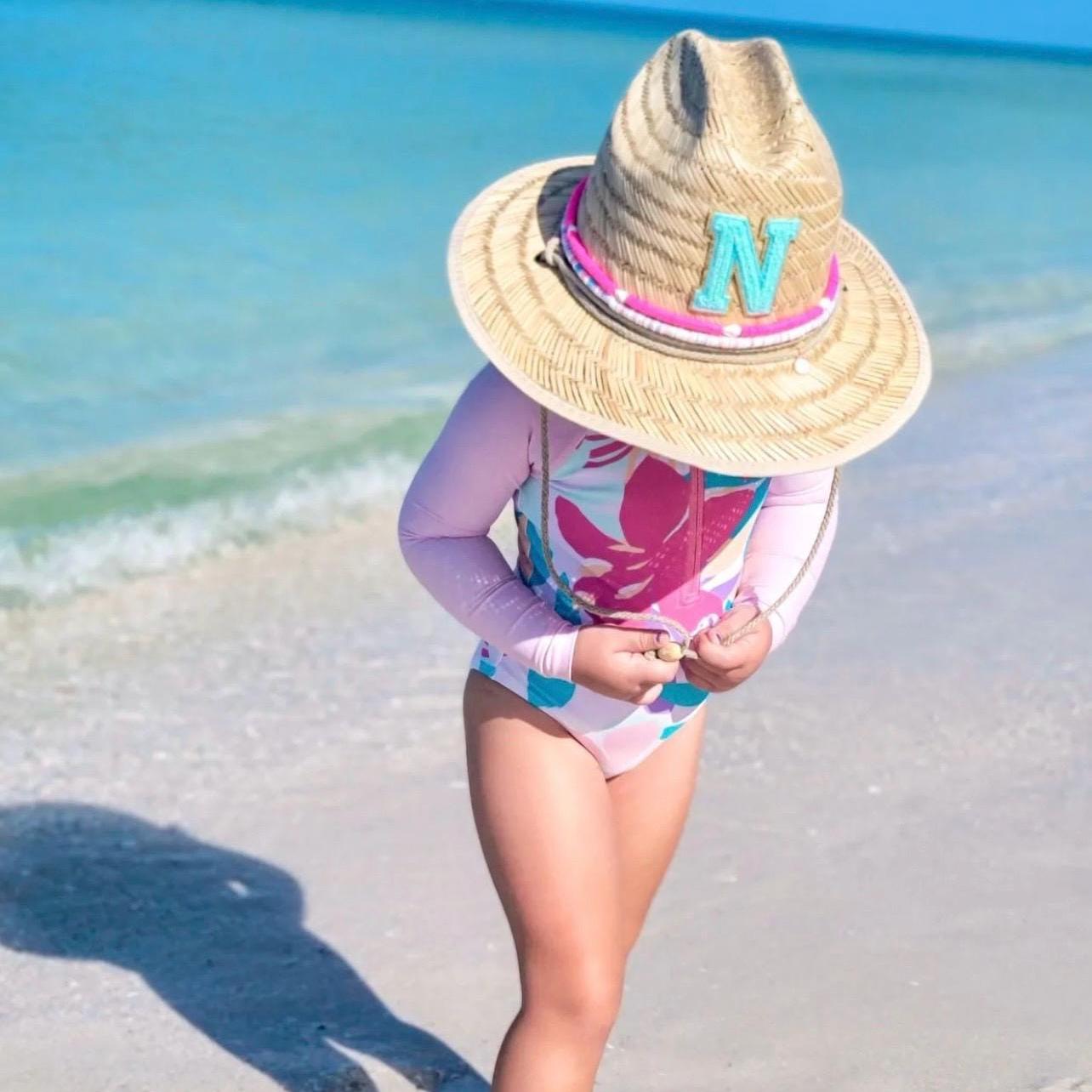 Personalized Sunkissed by Chrissy kids straw sun hat with chenille initial, perfect for toddlers and beach outings.