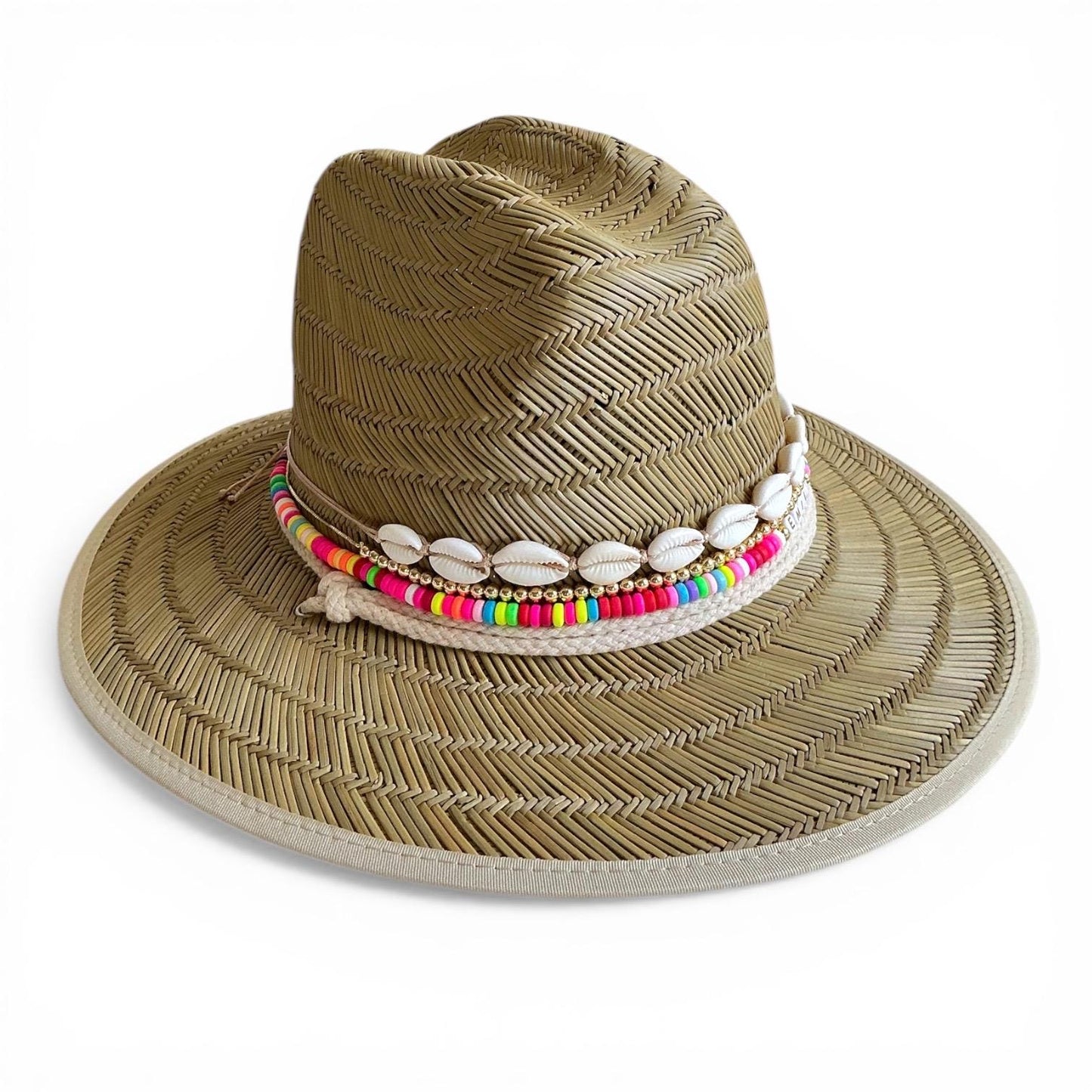 Personalized toddler sun hat by Sunkissed by Chrissy with beads and cowrie shells, perfect for girls' summer beach outings.