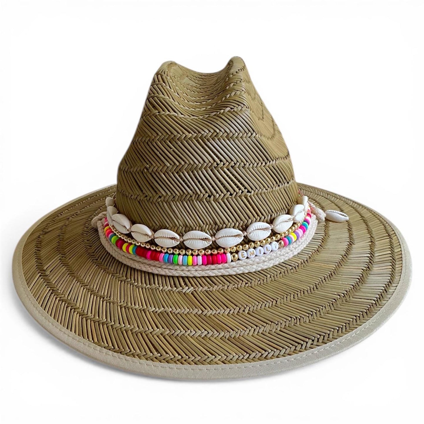 Personalized toddler sun hat by Sunkissed by Chrissy with beads, cowrie shells, perfect for girls' summer beach outings.
