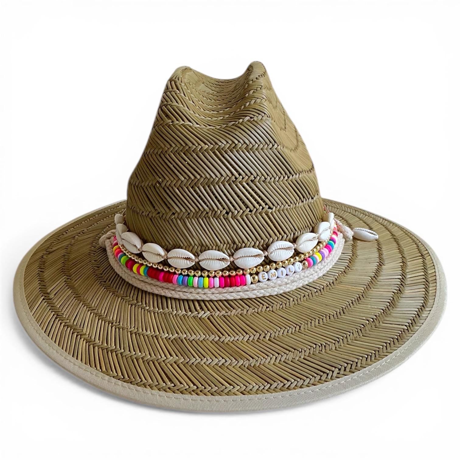 Personalized toddler sun hat by Sunkissed by Chrissy with beads, cowrie shells, perfect for girls' summer beach outings.