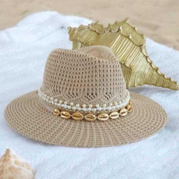 Handmade Mother's Day beach hat by Sunkissed by Chrissy with cowrie shells and pearls, summer Panama fedora for women, poolside style