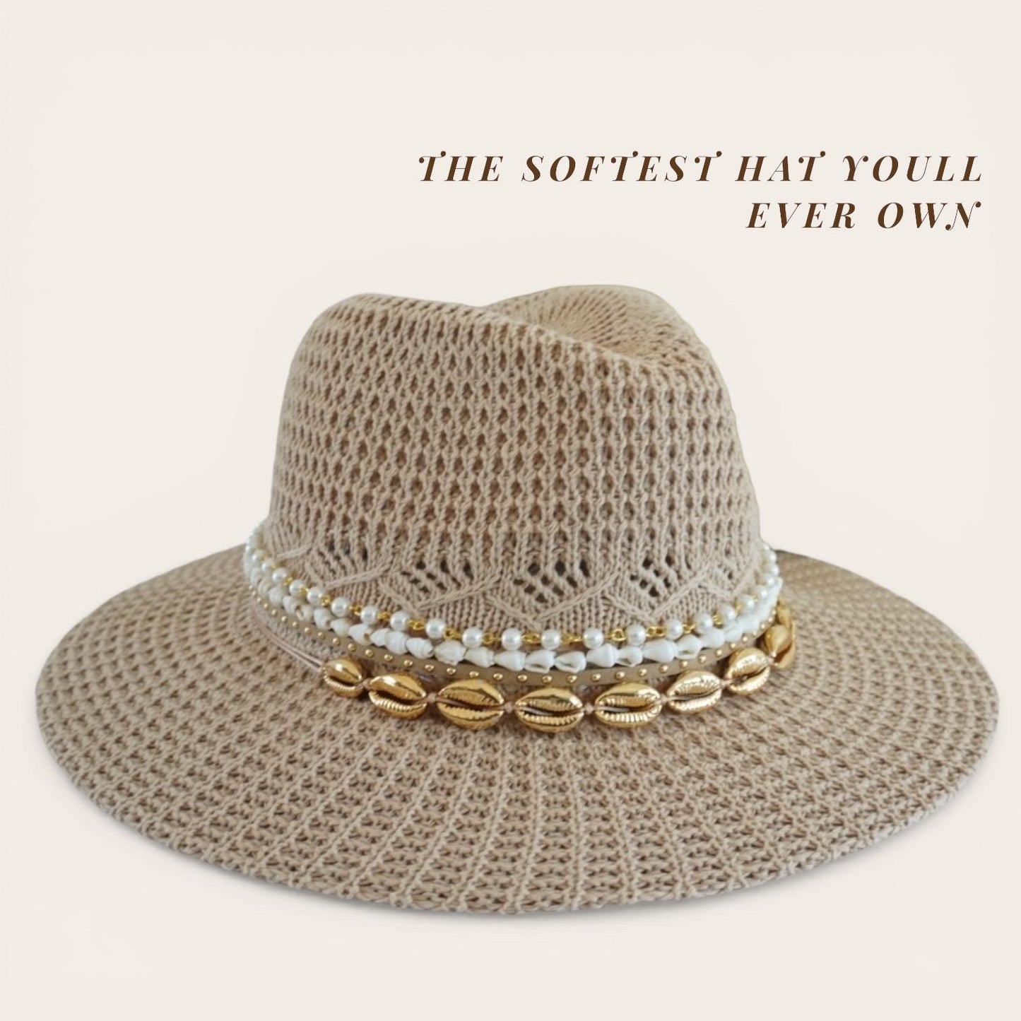 Handmade Sunkissed by Chrissy beach hat with cowrie shells and pearls, stylish summer Panama fedora for women’s pool days and vacations