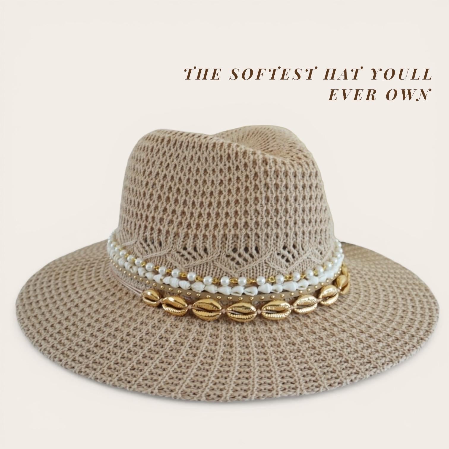 Handmade Sunkissed by Chrissy beach hat with cowrie shells and pearls, stylish summer Panama fedora for women’s pool days and vacations