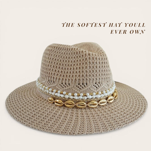 Handmade Sunkissed by Chrissy beach hat with cowrie shells and pearls, stylish summer Panama fedora for women’s pool days and vacations