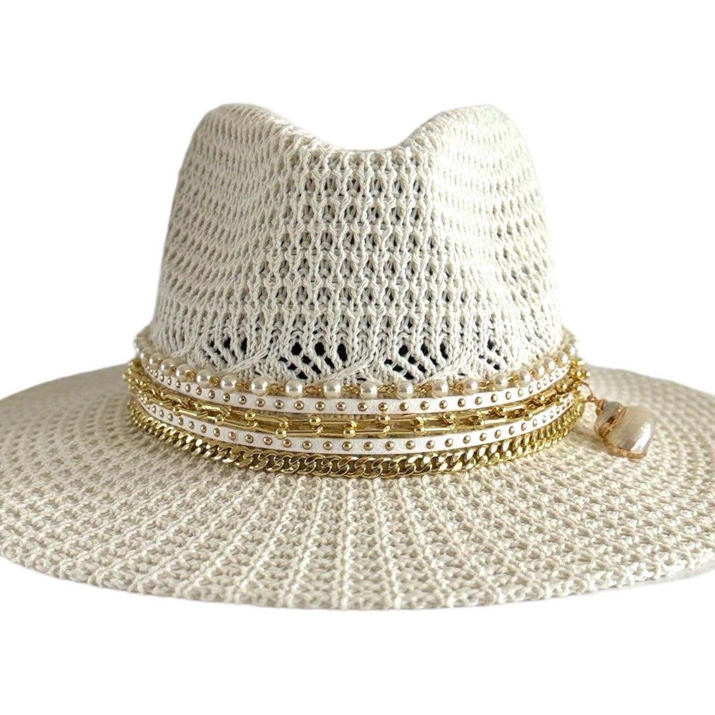 Handmade women's Panama hat with cowrie shells and pearls, perfect for summer beach or pool days, by Sunkissed by Chrissy.