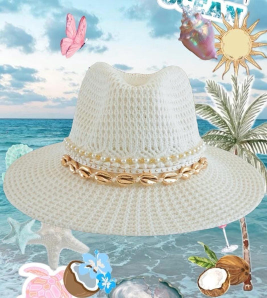 Handmade Mother’s Day beach hat with cowrie shells and pearls, lightweight Panama style fedora by Sunkissed by Chrissy for summer.