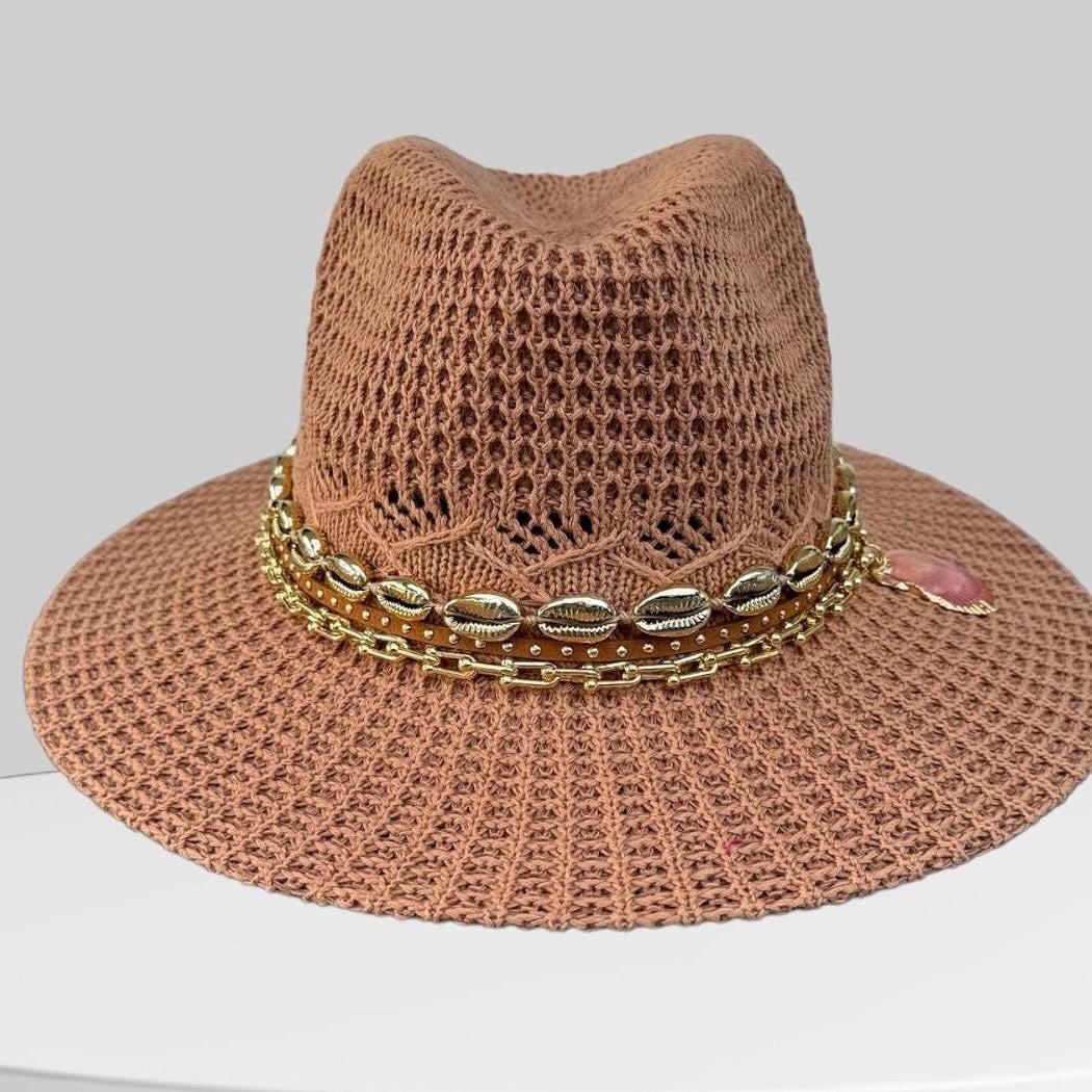 Handmade beach hat with cowrie shells and pearls, Sunkissed by Chrissy, for women’s summer vacation, pool days, and stylish sun protection.