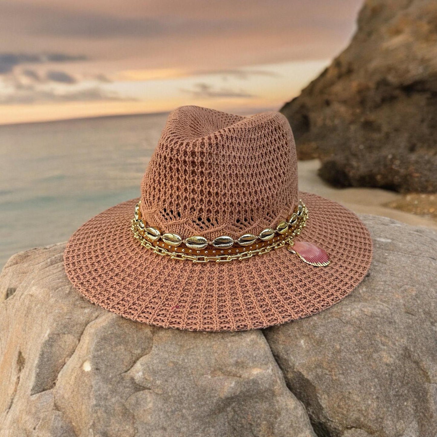 Handmade beach hat with cowrie shells and pearls, comfortable summer Panama hat for women, perfect for pool days and vacations.
