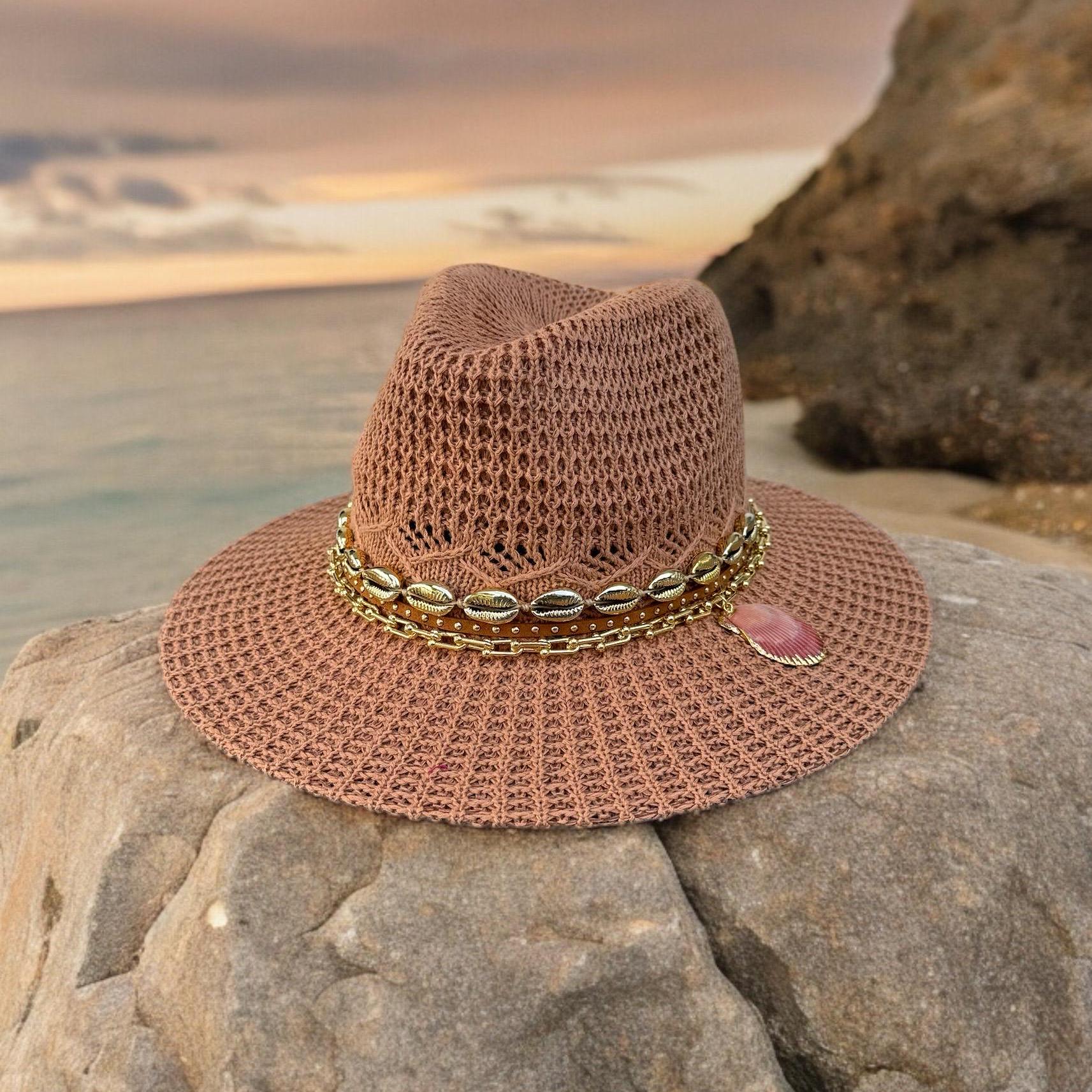 Handmade beach hat with cowrie shells and pearls, comfortable summer Panama hat for women, perfect for pool days and vacations.