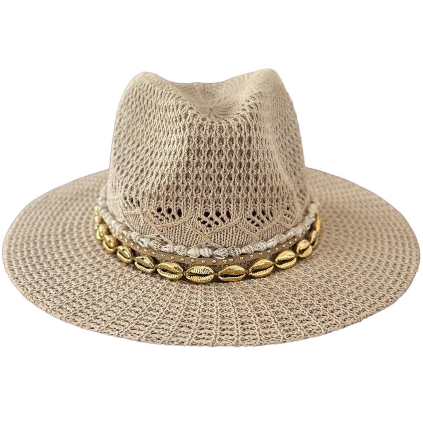 Handmade Sunkissed by Chrissy beach hat with cowrie shells and pearls, comfortable summer Panama hat for women’s pool and vacation days.