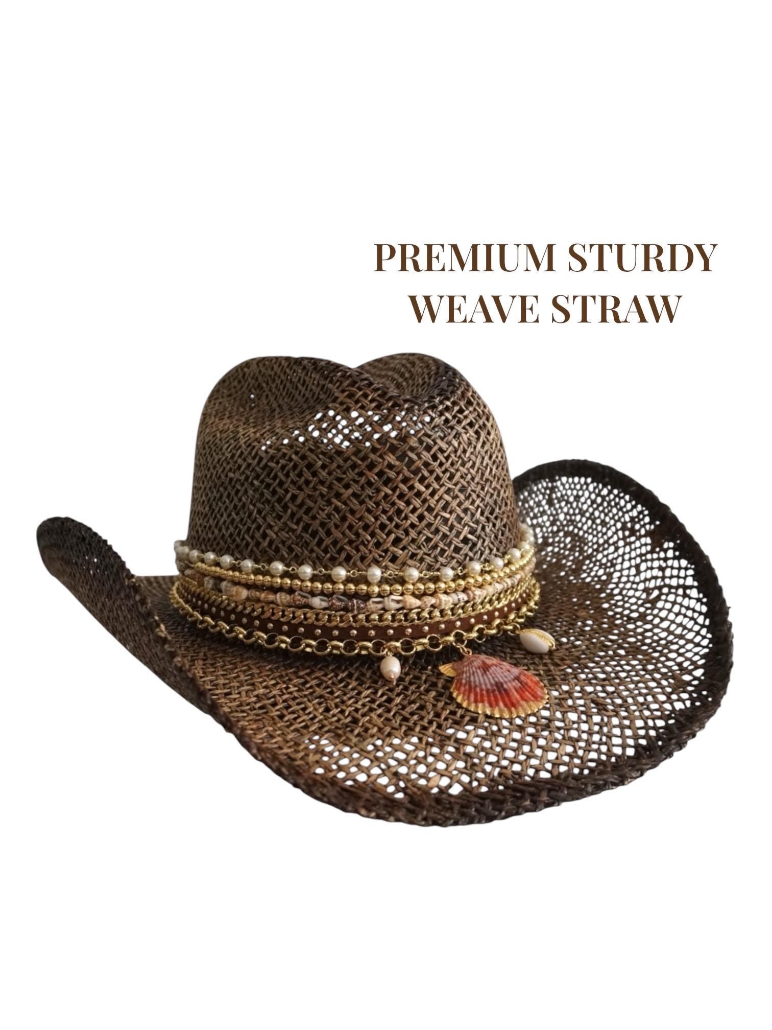 Brown straw cowboy hat by Sunkissed by Chrissy with beaded coastal seashell charm, perfect for summer festivals and beach vacations.