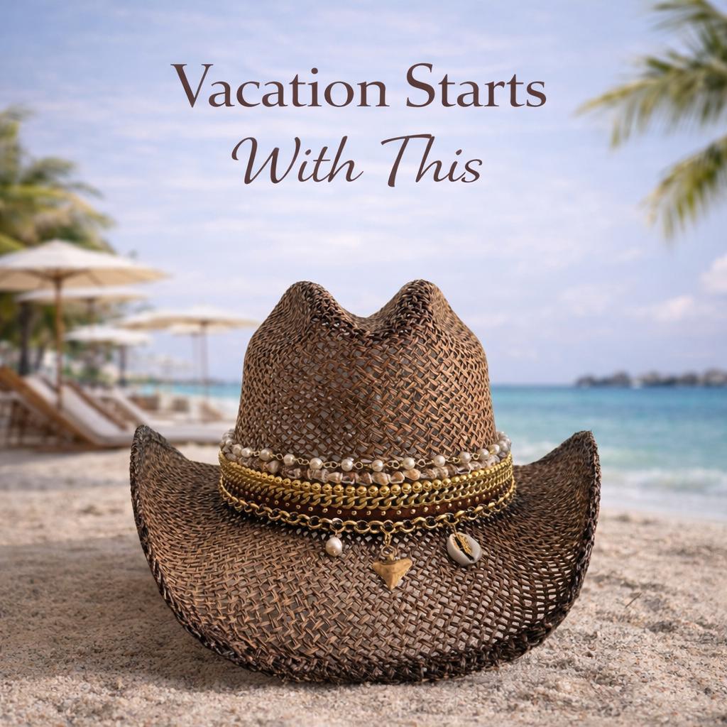 Brown straw cowboy hat with beaded coastal seashell charm, handcrafted boho summer hat by Sunkissed by Chrissy.