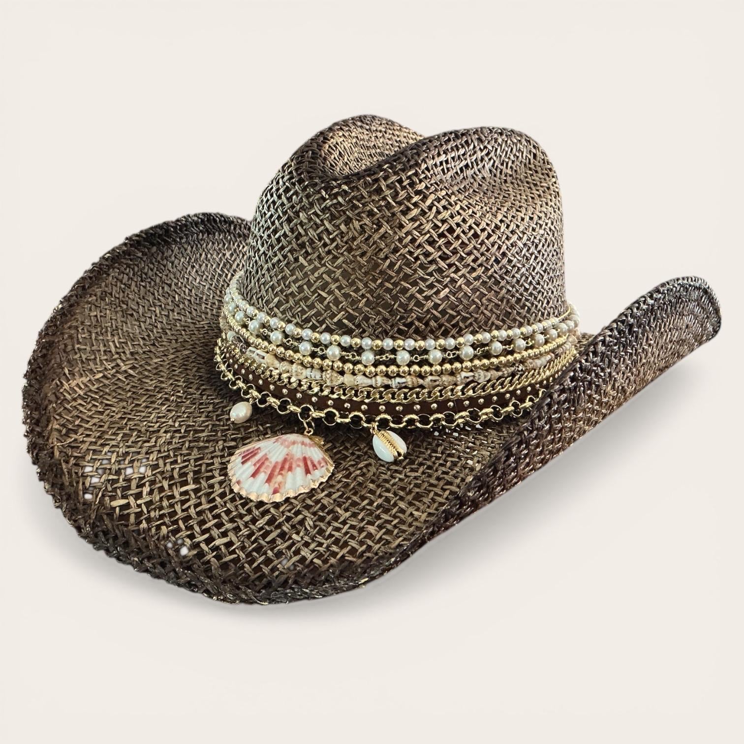 Brown straw cowboy hat with beaded seashell charm, handcrafted boho Western hat for summer festivals and beach vacations.