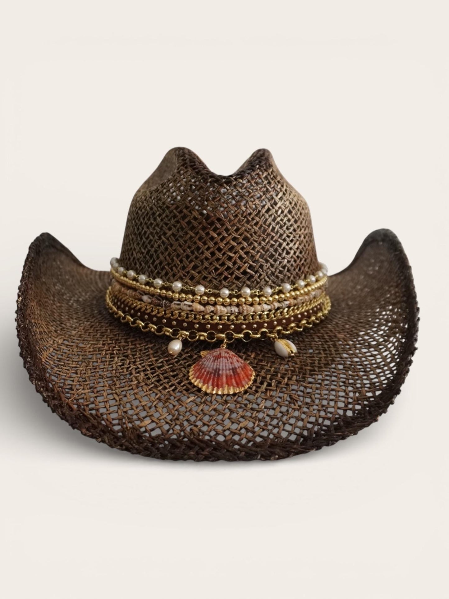 Brown straw cowboy hat with beaded coastal seashell charm, handmade boho summer festival hat by Sunkissed by Chrissy.