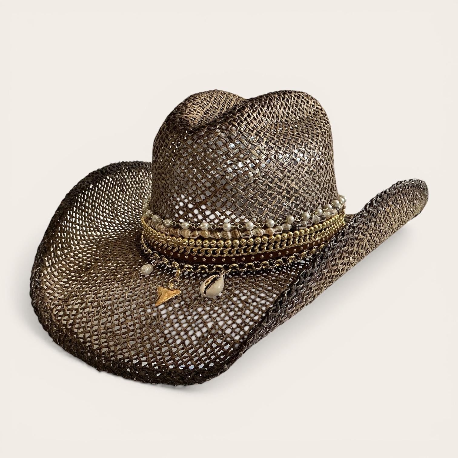 Brown straw cowboy hat with beaded seashell charm, handcrafted boho Western hat for summer festivals and beach vacations by Sunkissed by Chrissy