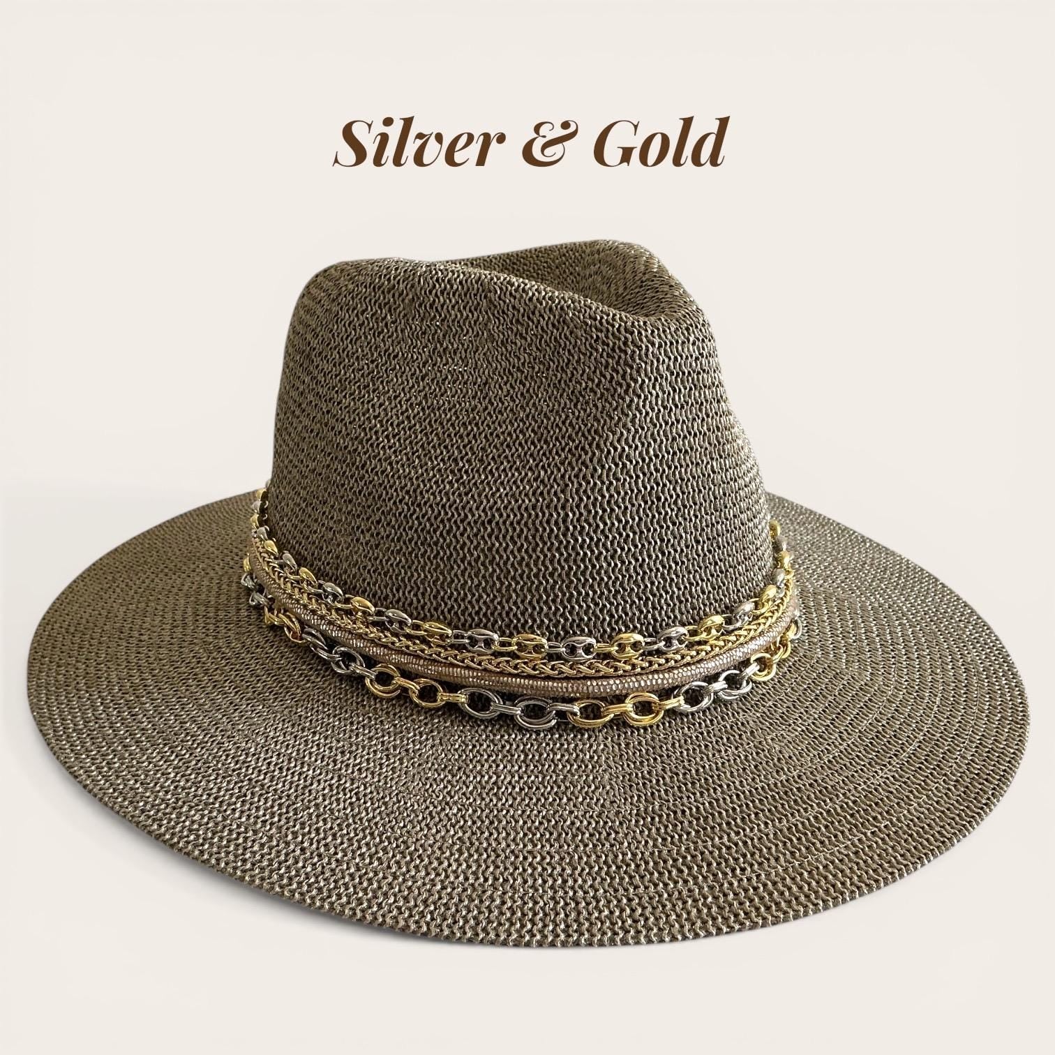 Mixed metal hat by Sunkissed by Chrissy, wide brim structured sun hat with gold and silver chain, perfect for beach and resort wear.