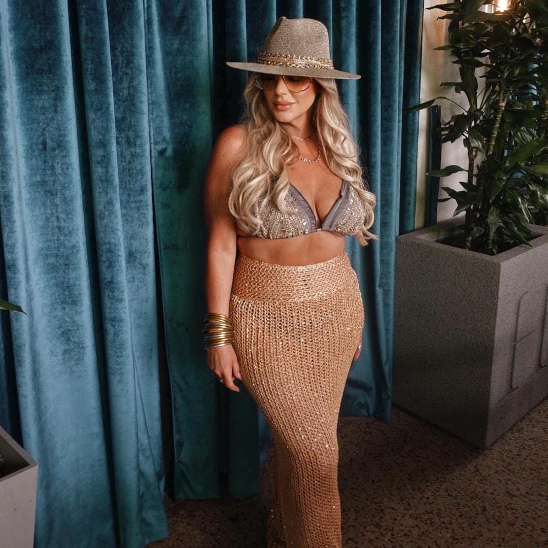 Mixed metal chain wide brim sun hat for women featuring gold and silver accents, perfect for beach, resort, or vacation wear.