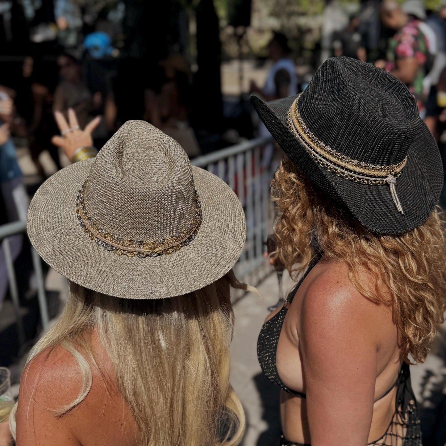 Mixed metal chain wide brim sun hat for women, luxury Panama style by Sunkissed by Chrissy, ideal for beach and resort wear.