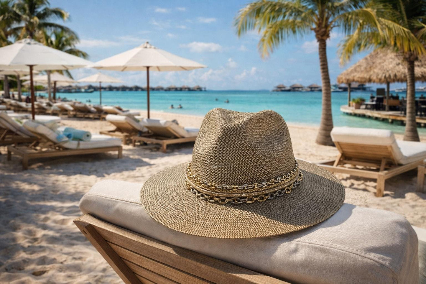 Mixed metal chain wide brim sun hat for women, luxury Panama style with gold and silver accents, perfect for beach and resort wear.