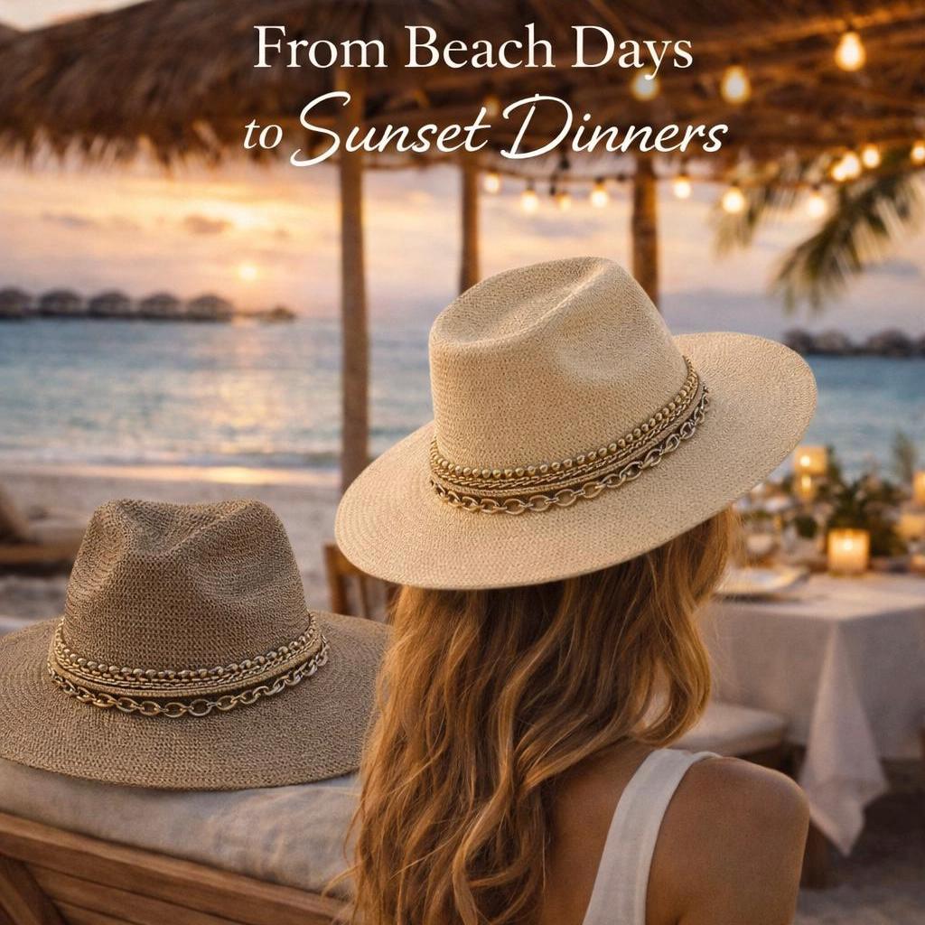 Mixed metal chain wide brim sun hat for women, luxury Panama style from Sunkissed by Chrissy, perfect for beach and resort wear.
