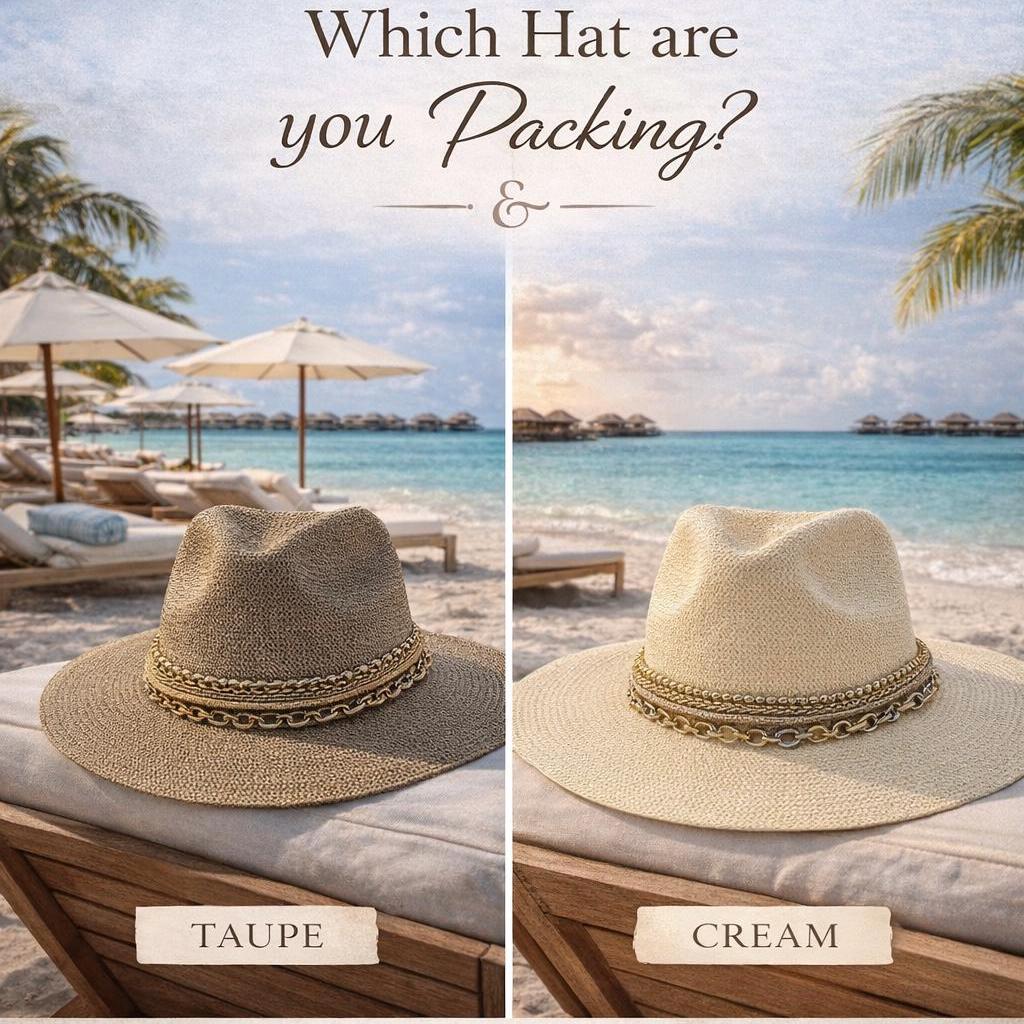 Mixed metal chain Panama sun hat for women with wide brim, structured design, perfect for beach and resort vacations.