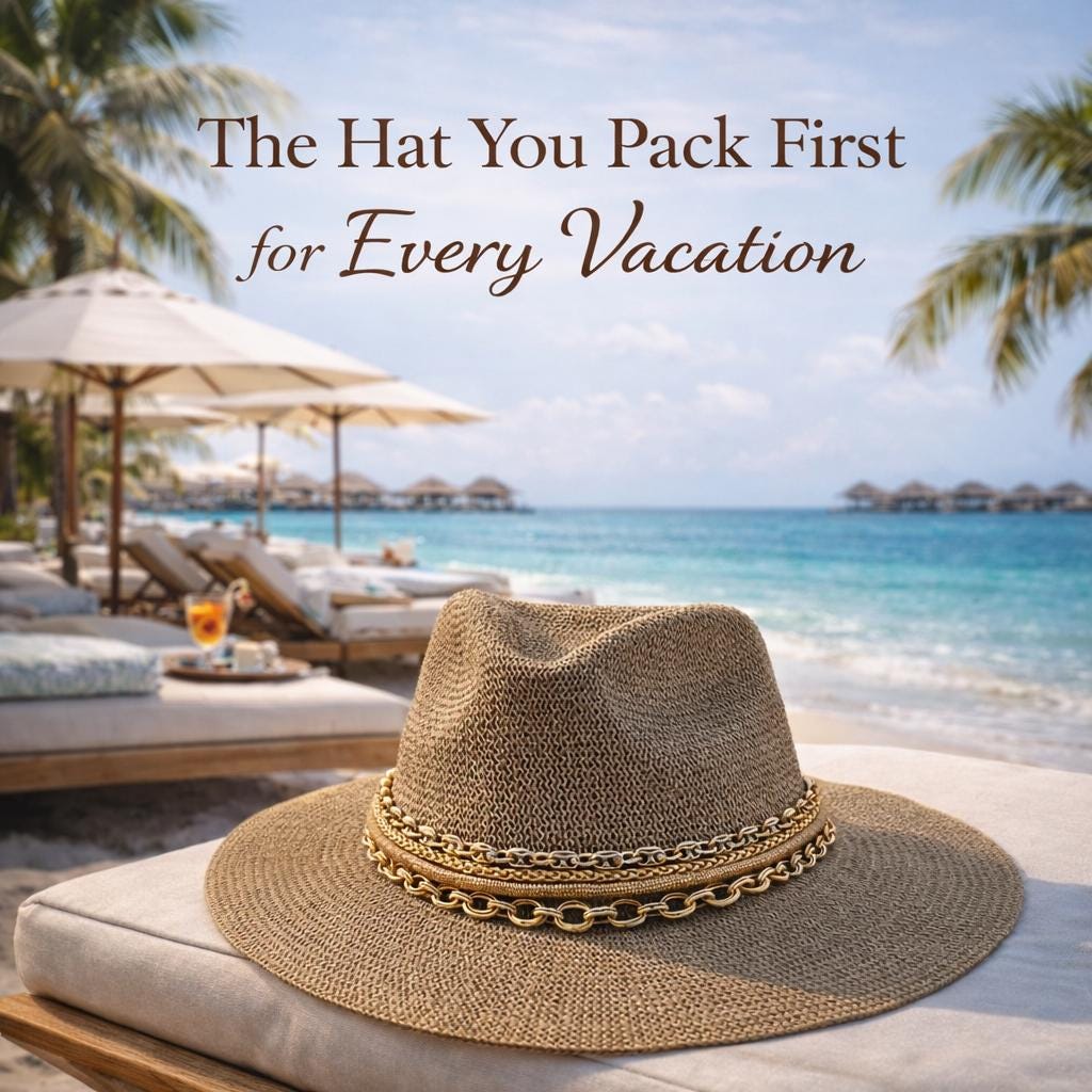 Luxury mixed metal chain wide brim sun hat by Sunkissed by Chrissy, perfect for beach resort wear and vacation style.