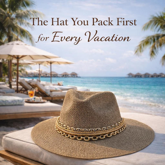 Luxury mixed metal chain wide brim sun hat by Sunkissed by Chrissy, perfect for beach resort wear and vacation style.