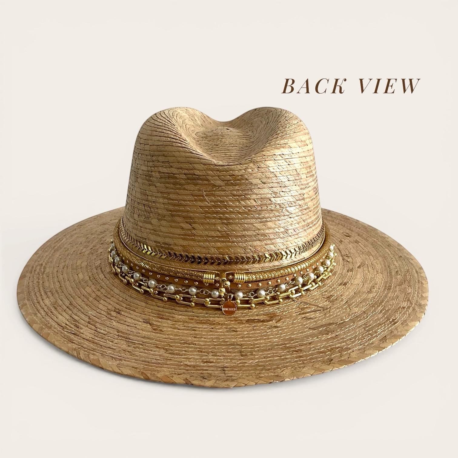 Sunkissed by Chrissy luxury Panama hat with wide brim, gold chain, pearls, shells, perfect for beach vacation or summer resort wear.