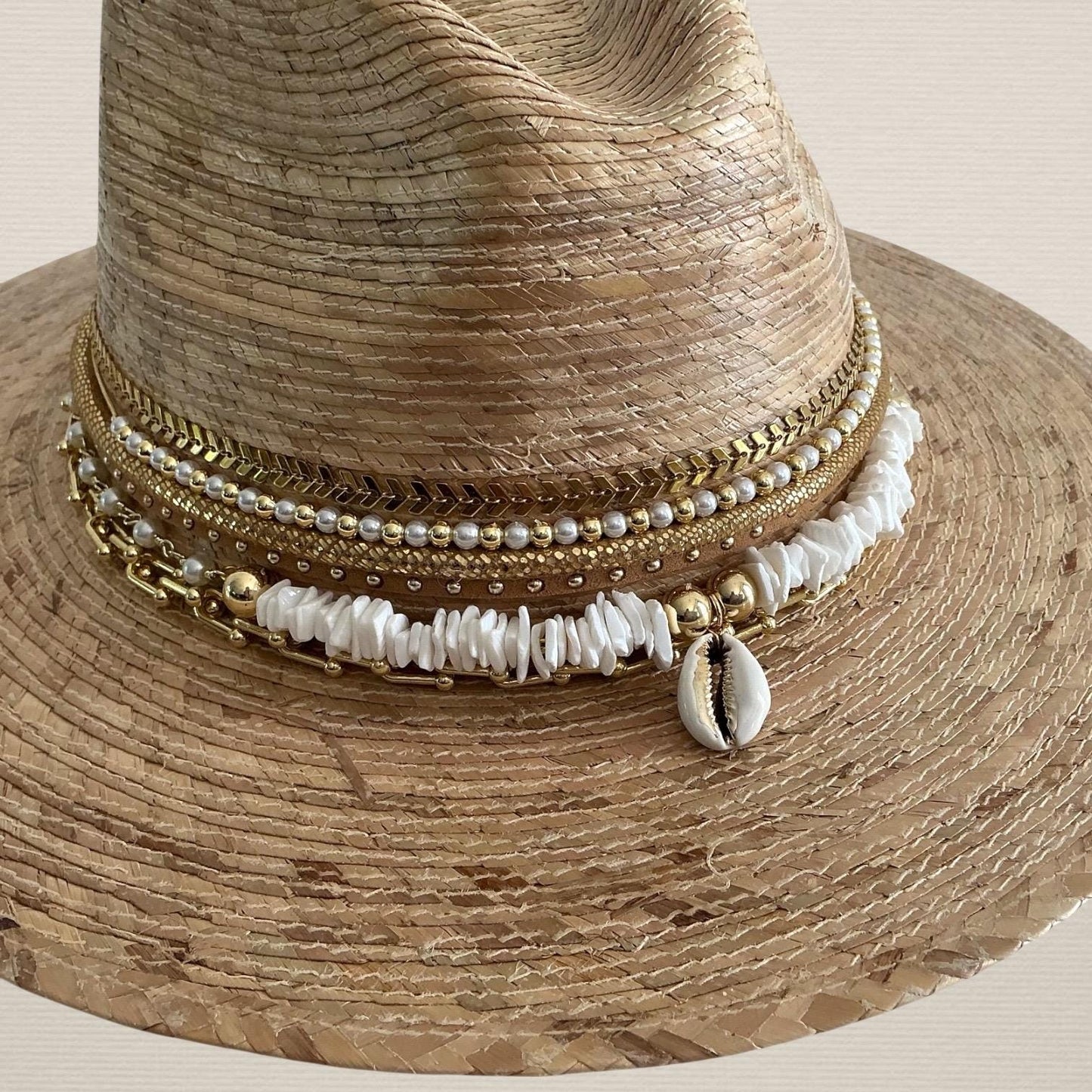 Sunkissed by Chrissy luxury Panama hat with wide brim, gold chain, pearls, shells, perfect for beach vacation and summer resort wear