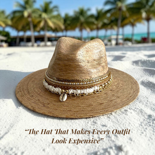 Sunkissed by Chrissy luxury Panama hat with wide brim, gold chain, pearls, and shells, perfect for beach vacation and summer resort wear.