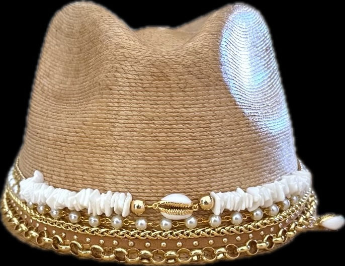 Sunkissed by Chrissy luxury Panama hat with wide brim, gold chain, pearls, and shells, perfect for beach and resort vacations.