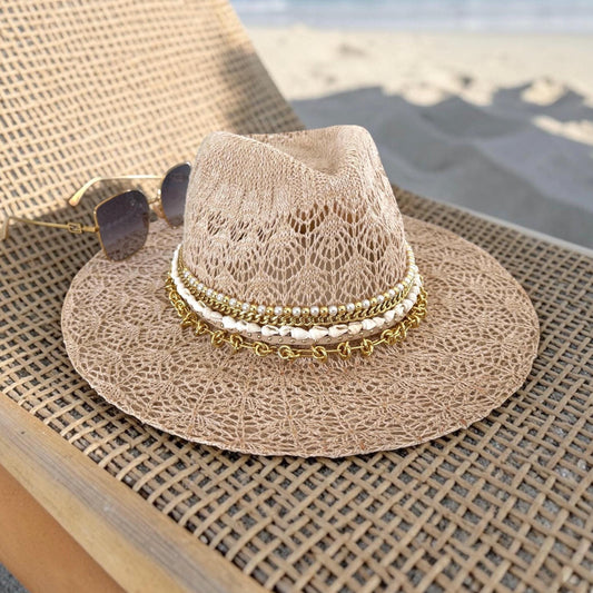 Lace Panama beach hat by Sunkissed by Chrissy, personalized sun hat with boho style, perfect for summer vacations and outdoor wear.