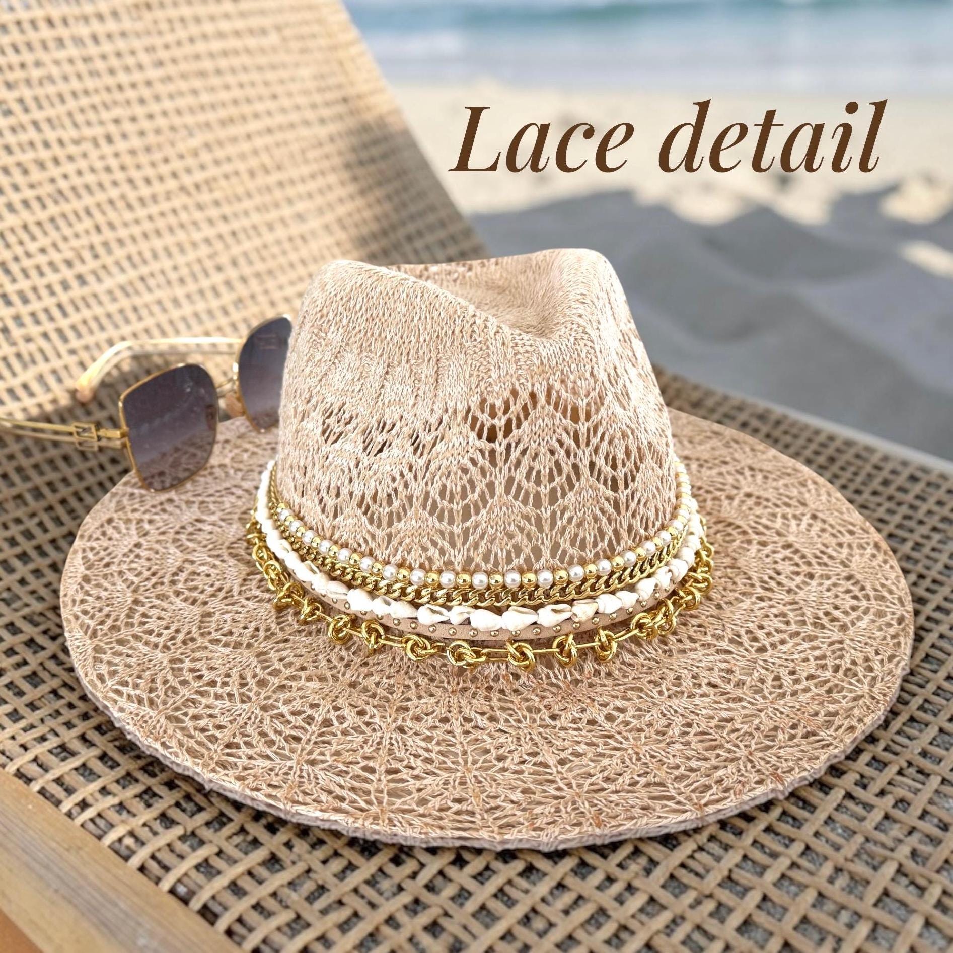 Sunkissed by Chrissy lace Panama hat with personalized details, boho summer sun hat perfect for beach vacations and stylish hats.