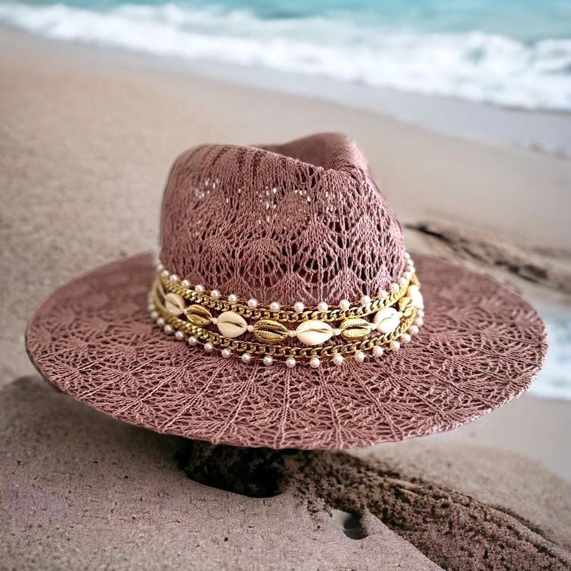 Sunkissed by Chrissy Lace Panama hat with wide brim, personalized boho sun hat for summer vacation and hat lovers.