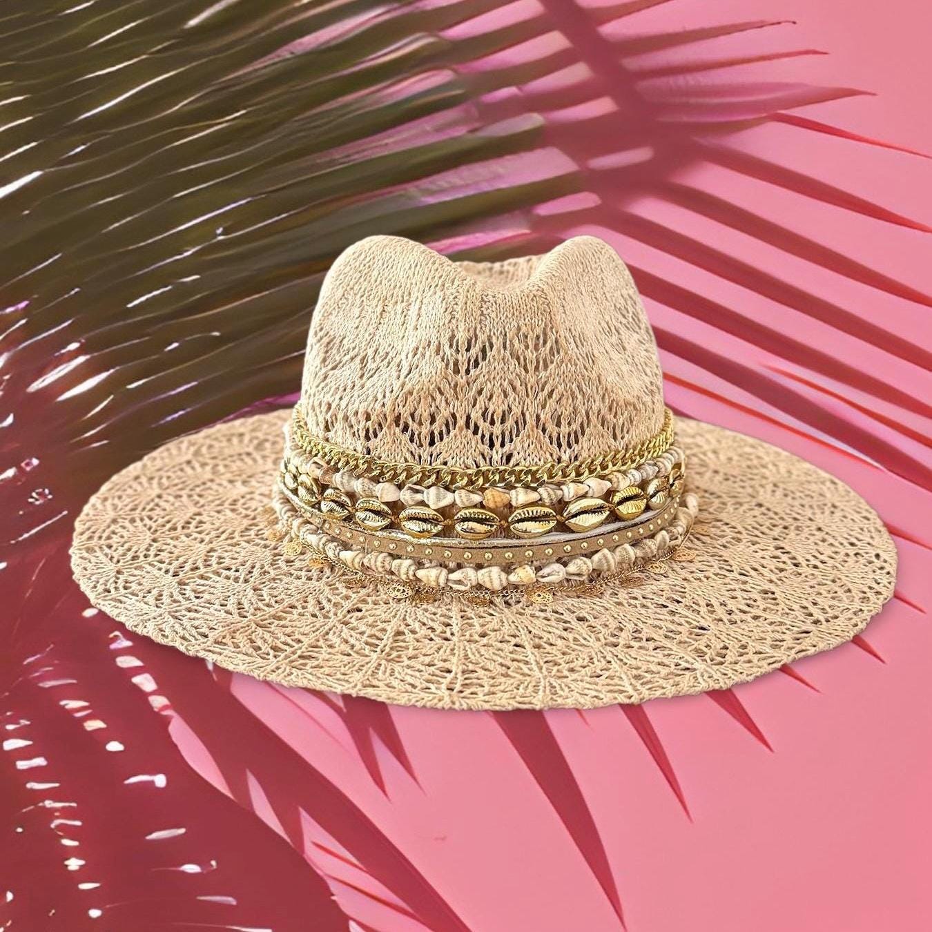 Sunkissed by Chrissy lace Panama sun hat with personalized embellishments, perfect for beach, vacation, or summer outings.