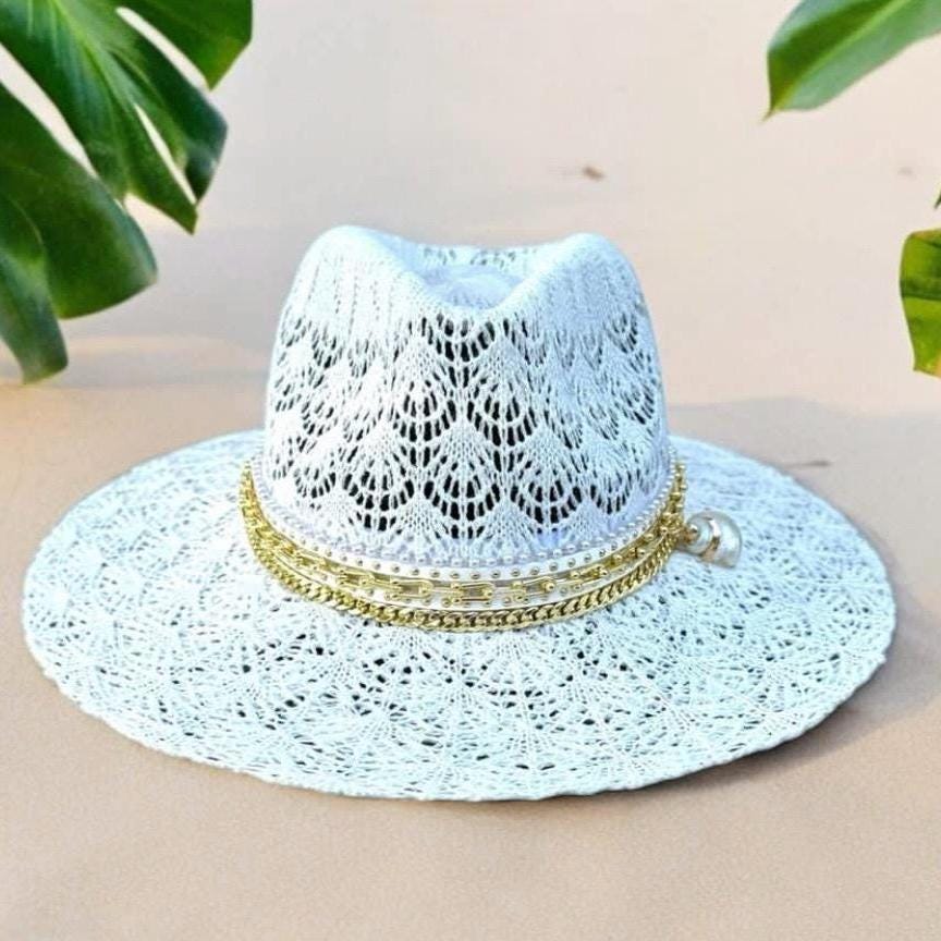Sunkissed by Chrissy lace Panama hat with personalized details, perfect for summer beach vacations and stylish sun protection.