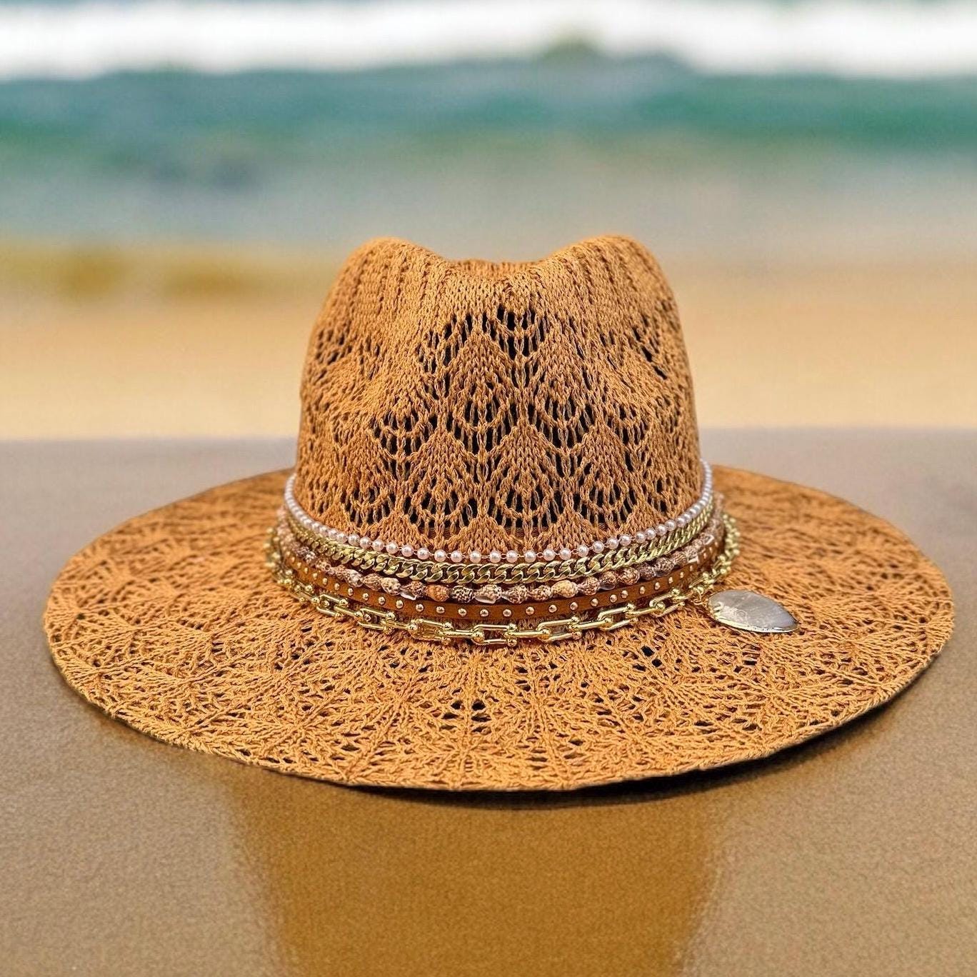 Sunkissed by Chrissy Lace Beach Panama hat with wide brim, personalized boho sun hat for summer vacation and hat lovers.