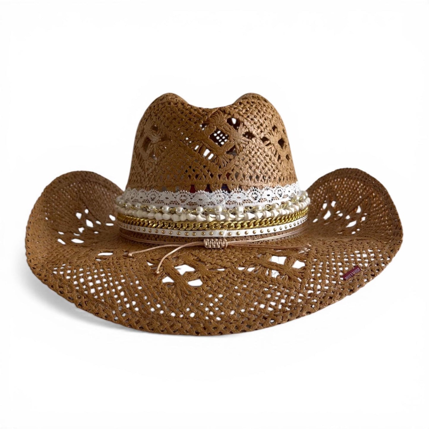 Luxury straw cowboy hat for women with wide brim, shell trim, boho style, perfect for beach, summer, or resort vacations.