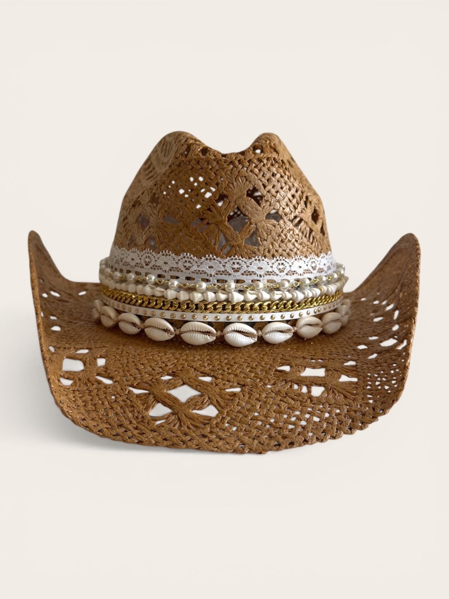 Luxury straw cowboy hat for women with wide brim, shell trim, coastal boho style, perfect for summer beach and vacation wear.