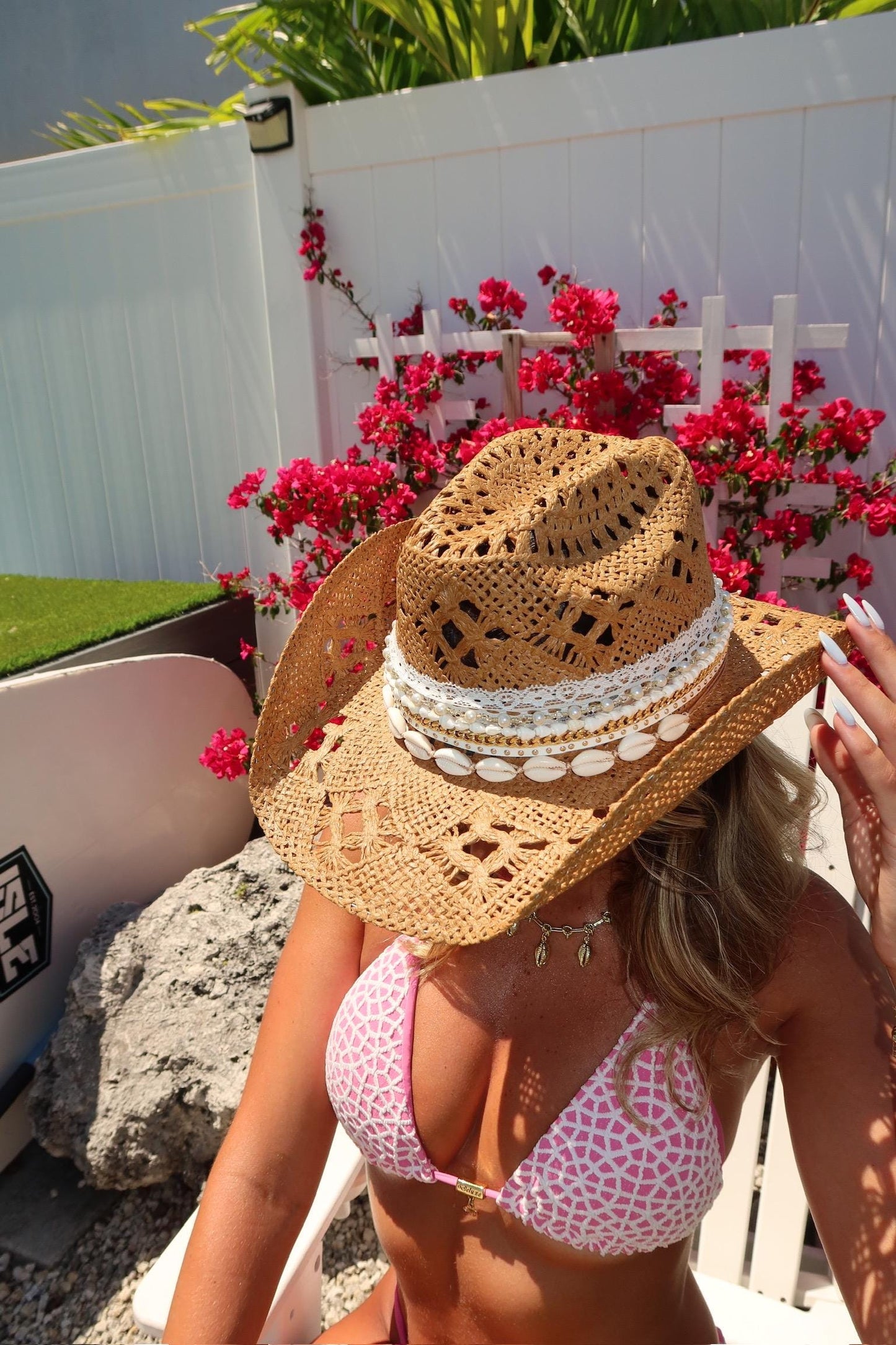 Luxury straw cowboy hat for women with wide brim, shell trim, perfect for summer beach or resort, by Sunkissed by Chrissy.